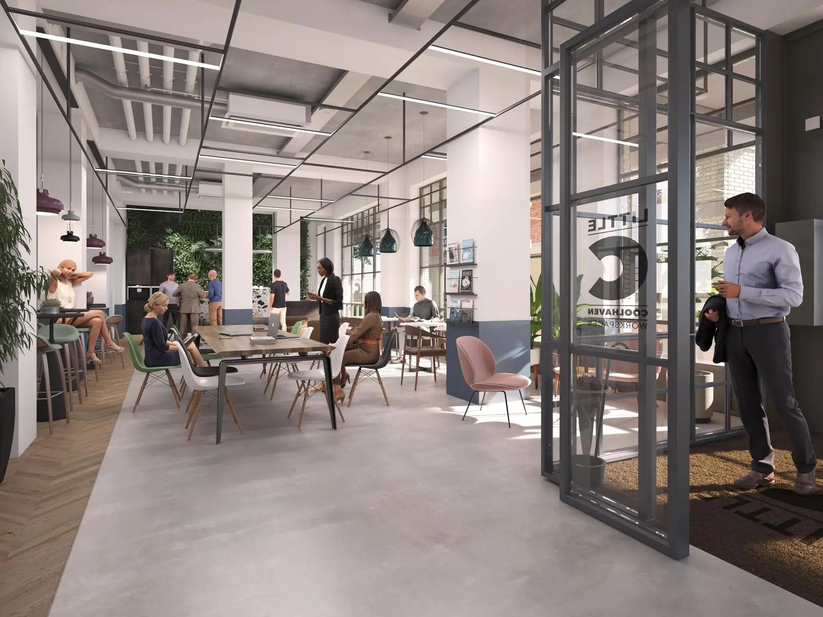 Moderne co-workingruimte aan de Karl Weisbardstraat met mensen die werken, vergaderen en socializen in een open en lichte omgeving.